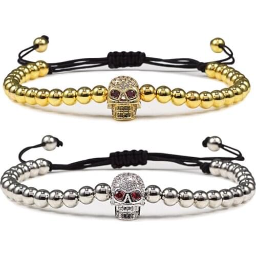Mens Bracelets Skull Head Copper Beads Braided Elastic Bracelet Charm Strand Jewelry Accessories For Women Pulseras Mujer