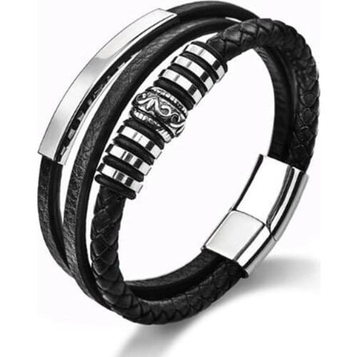 Mens Black Multilayer Leather Rope Magnetic Buckle Bracelet Fashion Jewelry Gift