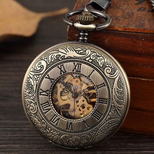 Anitque Double Side Hollow Hand-wind Retro Pocket Watch Mechanical Men Roman Numerals Skeleton Fob Hand Watch For Women Men Gift