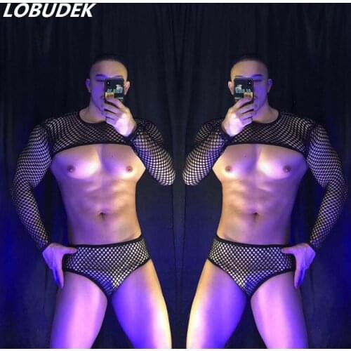 Men DJ Pole Dancing Nightclub Gogo Costume Fluorescence Green Black Fake Hollow Tops Shorts Outfit Bar Party Rave Stage Wear