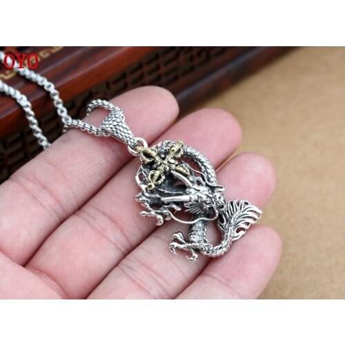 100% S925 Sterling Silver Jewelry Personality Retro Thai Silver Mens Domineering Dragon Vajra Dharma Pendant