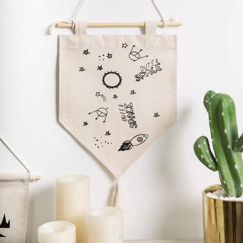 Cotton Wall Hanging Home decoration for Nursy room Kids Room Cut Mini Tapastry with Tassles Natura Colot black Printed 26x34cm