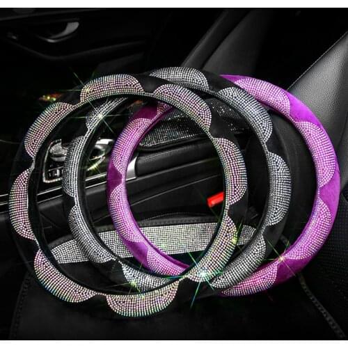 Luxury Crystal Purple Car Steering Wheel Covers Women Girls Diamonds Rhinestone Flower Car Accessories for Women Girl