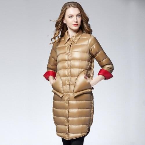 Women Fashion Spring Medium-long Parkas Duck Down Jacket Ultra Light Shirt Collar Female Overcoat Jackets Casual Winter Coat
