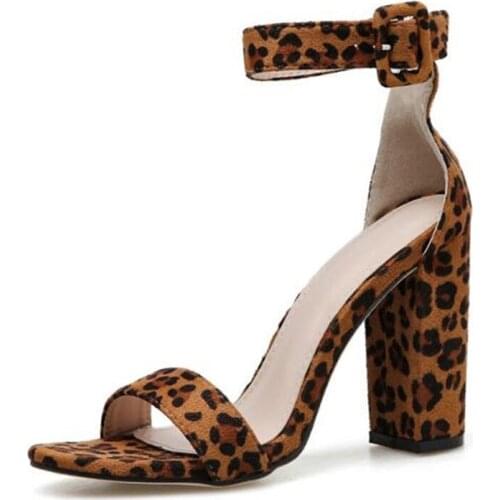 Sexy Women Sandals High Heels Summer Brand Woman Pumps Round Toe Flock 11.5CM Thick High heels Buckle Strap Leopard women shoes