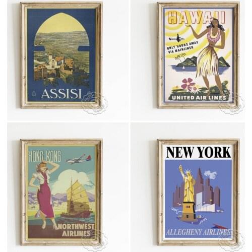 Allegheny Northwest And United Airlines Advertising Poster, Newyork Hongkong Hawaii Assisi Boston Travel Scenery Spot Wall Decor