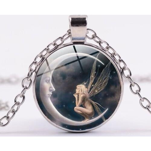 Romantic Moon Goddess Face Angel Wings Good Night Round Glass Pendent Necklace for Women Men Girls Kids Neck Collar Jewelry Gift