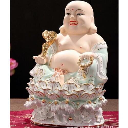 Lucky Maitreya Buddha, Buddha ornament, Chinese Home decor, ceramic crafts, living room decoration, Sculpture, statue