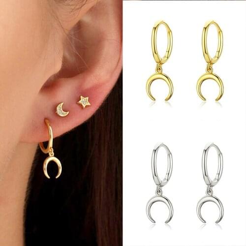 925 Sterling Silver Gold Horn Huggie Earring Drop Moon Pendant Hoops Women Loops Circle Ring Earring Trendy Fashion Jewelry Gift