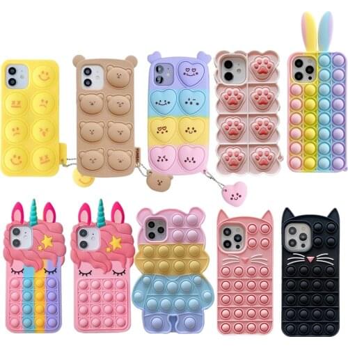 Relive Stress Phone Case For iphone X XR XS 12 11 Pro Max 6 6s 7 8 Plus Pop Fidget Toys Push Bubble Soft Silicone Cartoon Cover