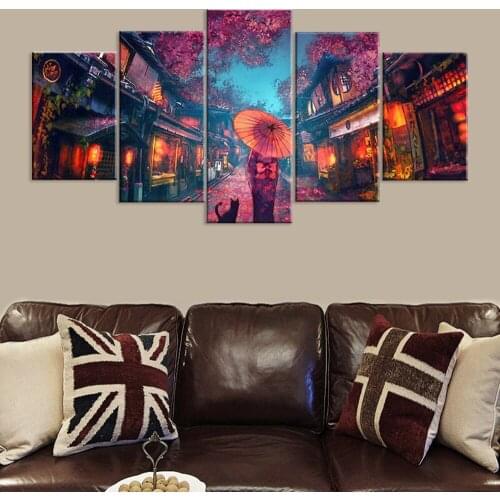 Modern Print And Poster 5 Piece Anime Street Scenery Picture Canvas Painting Home Decor Wall Art Living Decor Wall Decor Frame