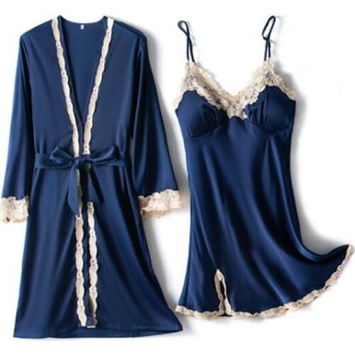 V-Neck Nighty Bathrobe Gown Sets Summer Womens Lace Robe Nightgown Sleep Suit Casual Satin Kimono Sleepwear Intimate Lingerie