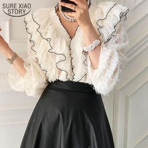 2021 Spring New Korean Elegant Blouse Women White Shirts Ruffle Tops Fashion V-neck Temperament Lady Long Sleeve Fashion Blusas