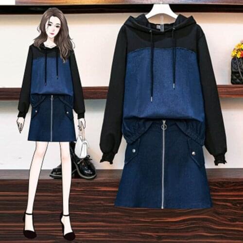 2020 Spring Autumn New Casual Plus Size Denim Hooded Jacket Tops 2 Piece Set Suit Women Fashion Jeans Mini Skirt Female L-5XL