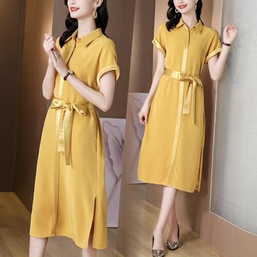 2021 Casual Office Lady Solid Mulberry Silk Satin Dress Summer Vintage Yellow Shirt Dresses Women Elegant Bodycon Party Vestidos