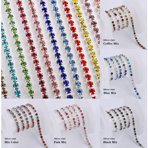 3 yards sewing dense silver rhinestone cup chain multicolor crystal chain SS6-SS12 for clothing bag nail DIY accessories