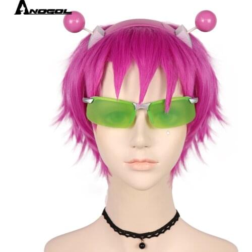 Anogol Anime The Disastrous Life of Saiki K. Cosplay Wig Glasses Saiki Kusuo Short Pink Synthetic Hair with Hair Pin +Wig Cap