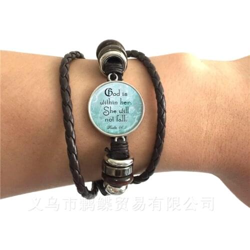 Bible Faith Quote Scripture Jewelry Christian Quote Black/Brown Leather Bracelet Jewelry Spiritual Bangle Psalm Gift