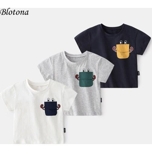 Blotona Little Boy Casual Short-sleeved T-shirt Summer Cartoon Crab Printing Pocket Round Neck Pullover Tops 2-8Years