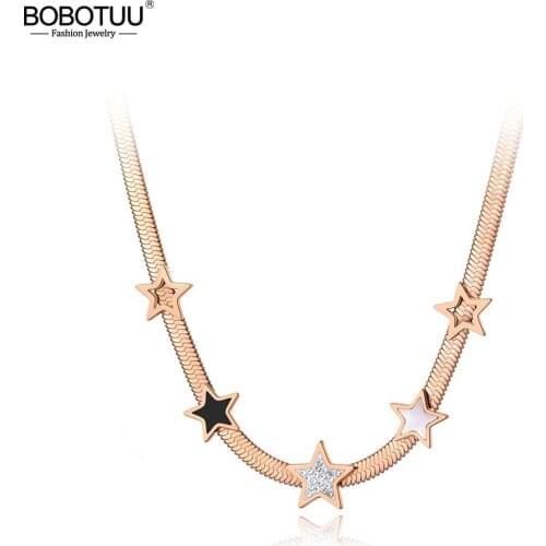 BOBOTUU Fashion Stainless Steel 5Pcs Star Charm Necklaces CZ Crystal & Shell Snake Chain Jewelry For Women цепочка BN20045