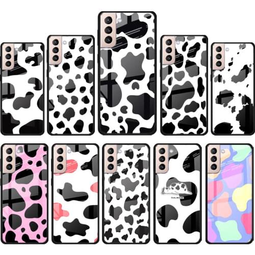 White Black Pink Cow for Samsung Galaxy S21 Ultra Plus A72 A52 4G 5G M51 M31 M21 Luxury Tempered Glass Phone Case Cover