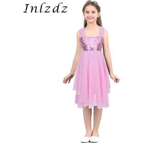 Kids Girls Ballet Dress Chiffon Sequins Adjustable Shoulder Straps Ballet Dance Gymnastics Leotard Dress Ballerina Dancewear