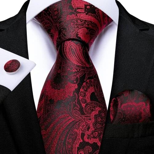 DiBanGu Mens Necktie Red Wine Black Paisley Silk Wedding Tie For Men Tie Hanky Cufflink Set Business Party Design Dropshipping