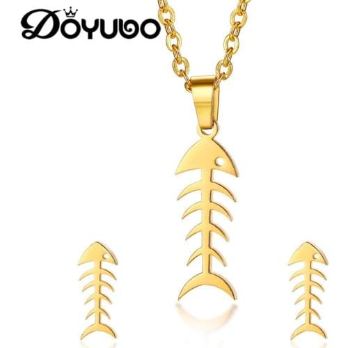 DOYUBO Lovely Women Stainless Steel Jewelry Sets Gold Color Fish Bone Charms Necklaces & Earrings Lady Fashion Jewelry DG012