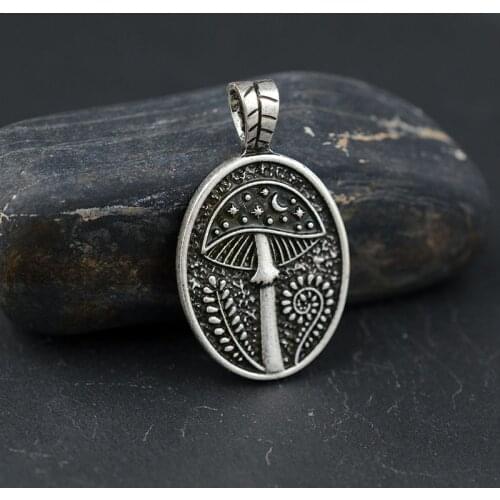 Double-Sided Mushroom Pendant Silver Retro Nature Woodland Elf Necklace