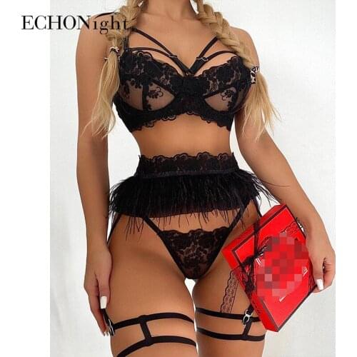 Echonight Feather Womens Underwear Lace Erotic Lingerie Underwire Bra Brief Sets Sexy Underwear Women Lace Sexy Lingerie Set