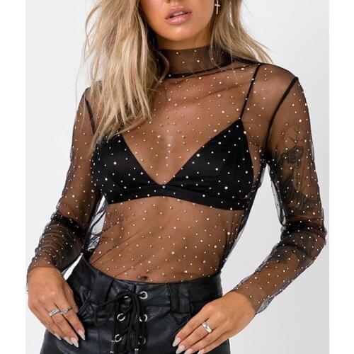 Modern Women Sexy Long Sleeve Turtle Neck Shiny Sequins Sheer T Shirt Bottoming Tops For Women Female Drop Shipping