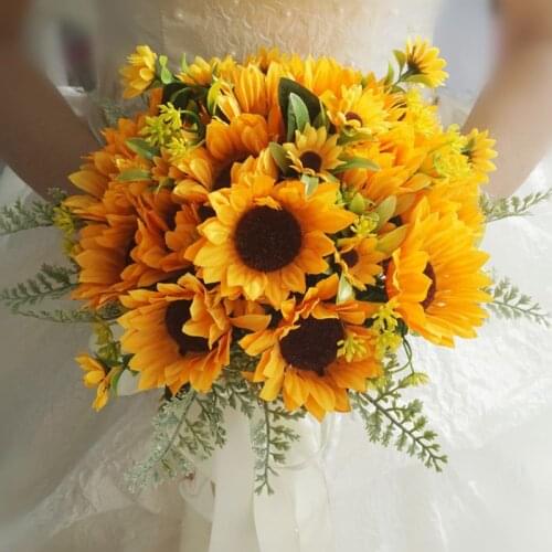 Artificial Bridal Wedding Bouquet Romantic Handmade Bright Sunflower Linen Rope Handle Satin Ribbon Church Party Home Decoration