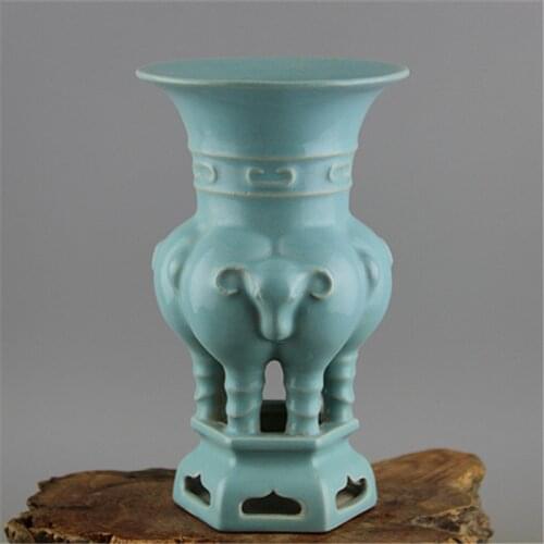 Song Dynasty Ru Kiln Chinese Creative Sky Celadon Glazed Carving Three Sheep Zun Ornament