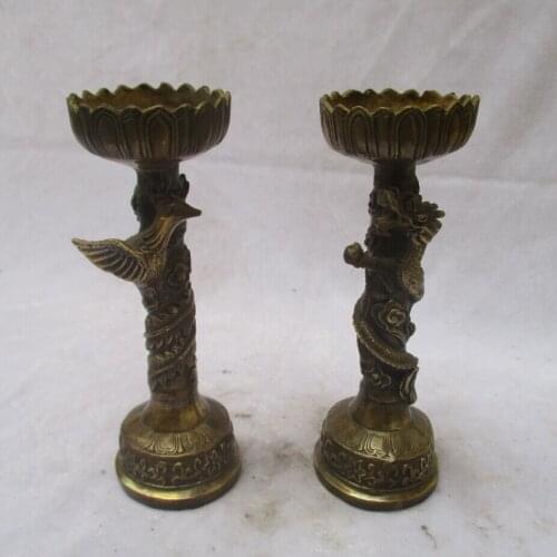 Collectible 1 Pair of Chinese Old Copper Carved Dragon and phoenix Candlestick /Antique Metal Candlestick