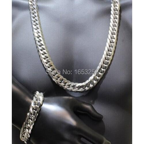 12mm wide Heavyweight High Polished Stainless Steel Curb Cuban Bracelets & Necklace Mens Jewelry Set