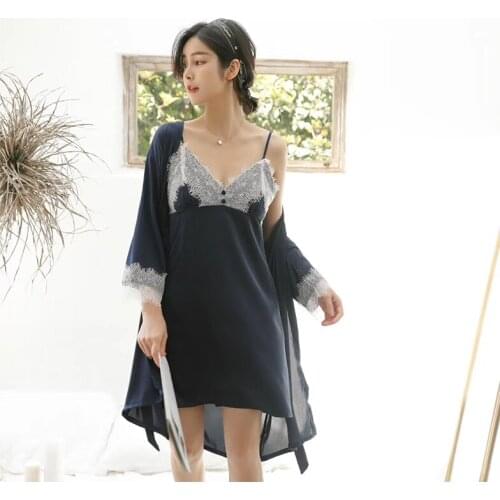 MECHCITIZ New Sexy Women Robe Gown Sets Lace Bathrobe Night Dress 2 Pieces Sleepwear Womens Sleep Set Silk Robe Femme Homewear