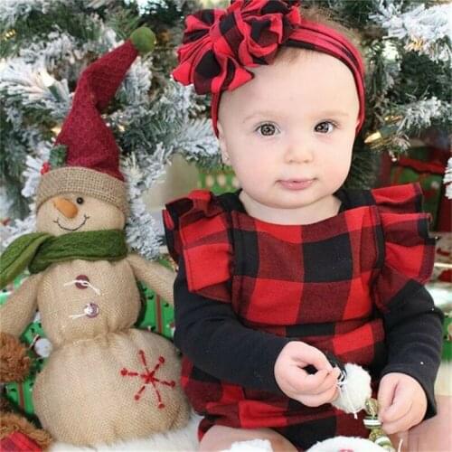 Fashion Newborn Baby Girl Christmas Clothe Cotton Sleeveless Plaid Checks Romper Playsuit +Headband 2pcs Outfit Set