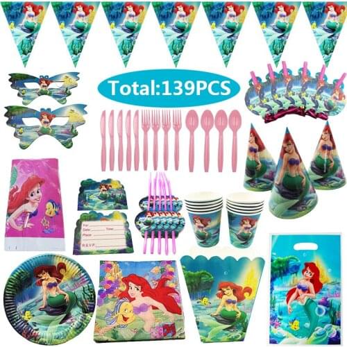 139Pcs/lot Mermaid Ariel Party Decor Disposable Tableware Set Birthday Happy Birthday Balloons Party Supplies Baby Shower