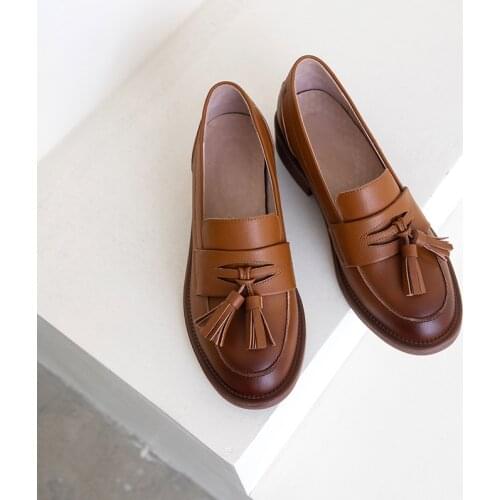 New Women Shoes Fashion Genuine Leather Loafers Slip-On Fringe Spring/Autumn Flats Square Toe Thick Heel Handmade Size 34-40