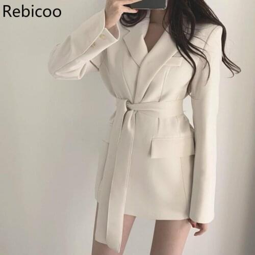 Autumn Winter Women Jackets Office Ladies Lace up Notched Formal Outwear Elegant rebicoo White Black Tops