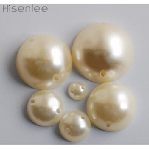 Hisenlee 6/10/12/16/18/20MM Ivory Pearls Half Pearl With 2 holes Sew On Beads For Wedding Dress/Clothing beautification