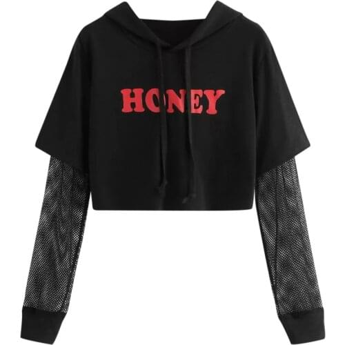 Letter Print Harajuku Pullover Crop Tops Mesh Long Sleeve Patchwork Sweatshirt Fashion Drawsting Short Hoodies For Women Свитшот