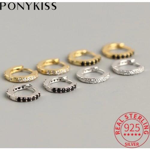 PONYKISS Real 925 Sterling Silver Zircon Round Delicate Hoop Earrings Women Party Jewelry Trendy Earrings Accessory Chic Gift