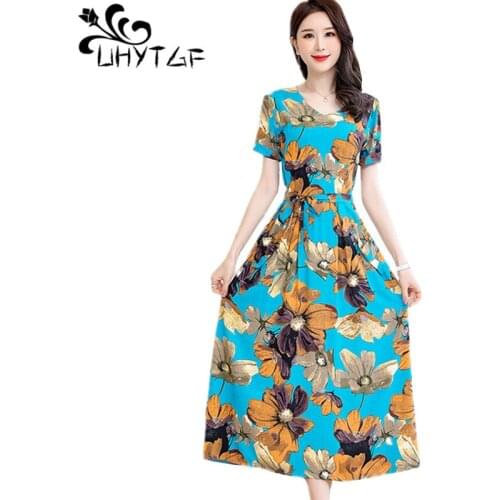 UHYTGF 2021 New 4XL Plus Size Dress Womens Short Sleeve Pullover Casual Female Summer Dresses Sweet Mother Ladies Clothes 1431