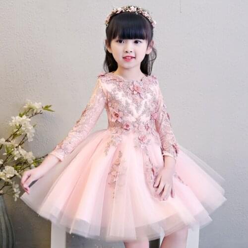 Spring Red Flower Girls Dresses For Wedding Pink Lace Girl Formal Birthday Party Dress Princess Gown Kids First Communion Gown