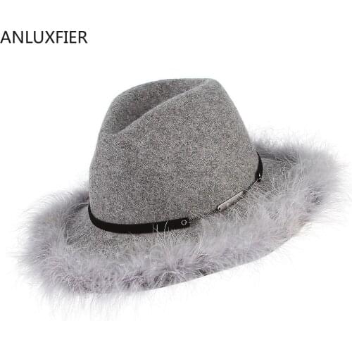 H7197 Women Wool Fedoras Hat European American Lady British Vintage Ostrich Fur Cap Female Retro Jazz Elegant Party Church Hats