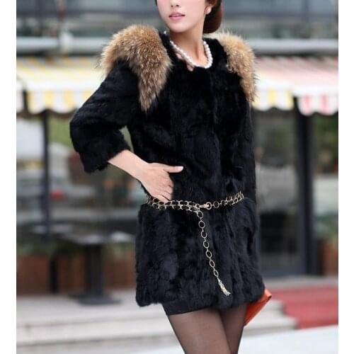 Free Shipping Genuine Nature Rabbit Fur Coat with raccoon fur shoulder Women fashion Jacket Winter Fur Waistcoats Big Size 3XL