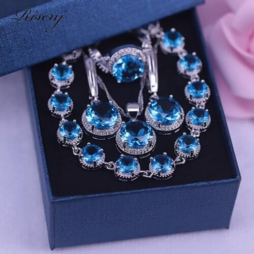 Promotion Many Colors Silver Color Jewelry Sets for Women Big Round Top Cubic Zircon Ring Earrings Necklace Bracelet