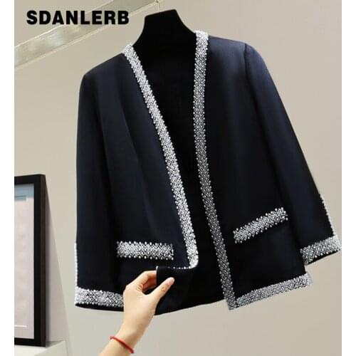 Heavy Industry Beads Chiffon Short Suit Blazer 2021 Summer Korean Style Women Thin Cardigan Jacket Elegant Office Lady Coat