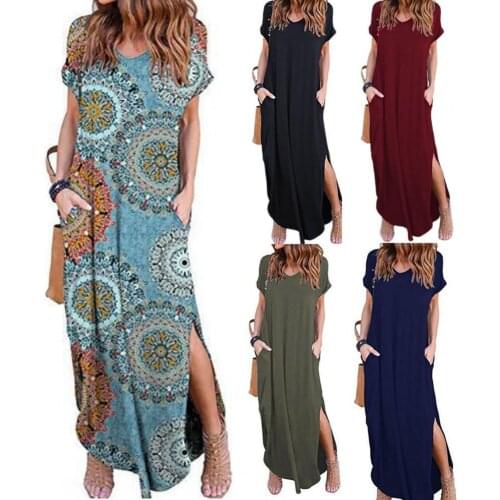 Summer Women Casual Short Sleeve Long Dress Sexy V Neck Split Beach Party Dress Fashion Flower Print Loose Maxi Dress Vestidos